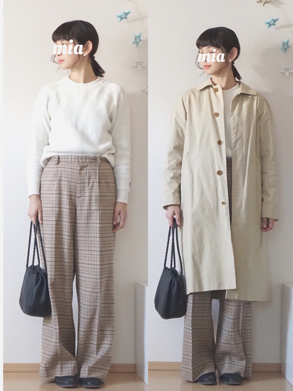 「アイラブメンズライク、シンプル、大人コーデ、パンツスタイル、おしゃれさんと繋がりたい、ワイドパンツ、大人カジュアル、春コーデ、AURALEE、チェックパンツ」｜「ORCIVALの【ORCIVAL　オーシバル】クルーネックプルオーバー <16SS新入荷>（ニット/セーター、ホワイト系）」を使った、ｍｉａ＊さん（レディース・160cm）の春コーディネートの1枚目の写真