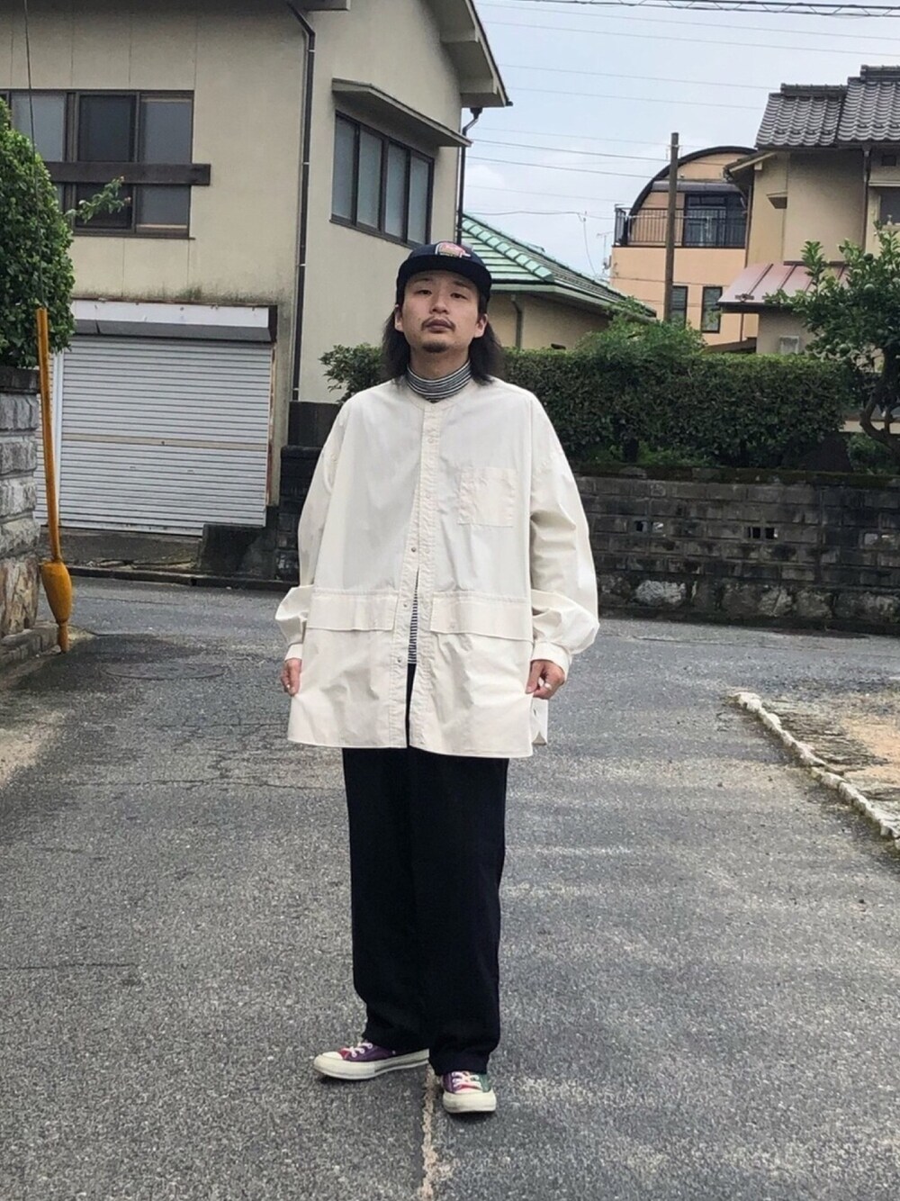 「ootd、レイヤードスタイル、HUMAN MADE、ワークキャップ、FreshService、タートルネック、YSTRDY's TMRRW、スラックス、 CONVERSE ADDICT、allstar」｜「HUMAN MADEのアイテム（キャップ、ブルー系）」を使った、Takuyaさん（メンズ・176cm）の秋コーディネートの1枚目の写真