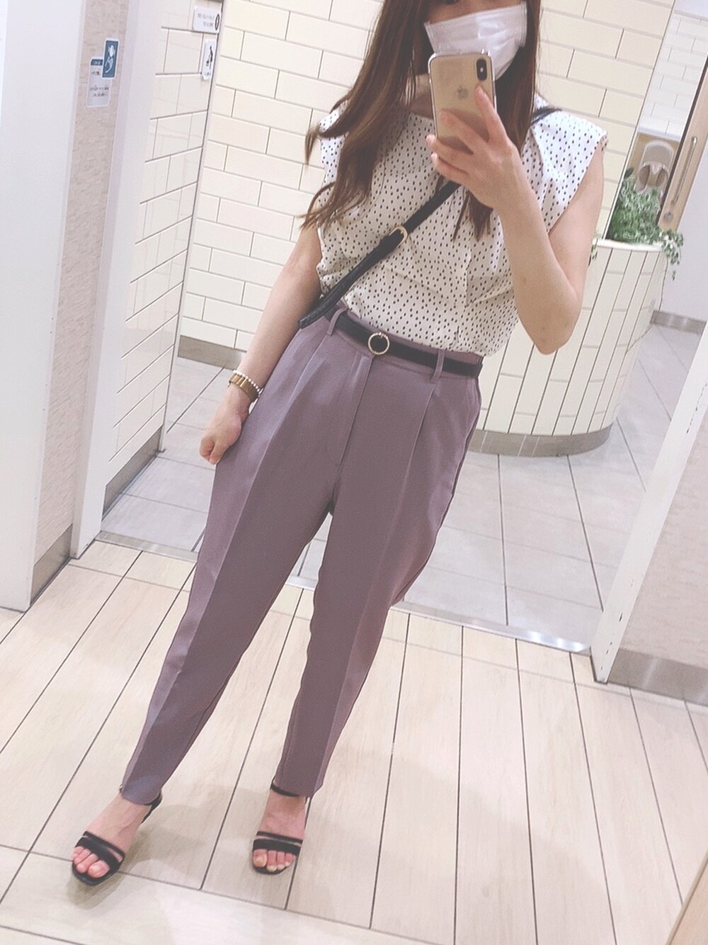 「カジュアルコーデ、楽チンコーデ、オトナ女子、くすみカラー、GU、プチプラ、お洒落さんとつながりたい、シンプル、サンダルコーデ、ワイドパンツ」｜「GUのアイテム（パンツ、ピンク系）」を使った、mie*さん（レディース・157cm）の夏コーディネートの1枚目の写真