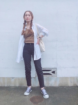 「ZOZO（ゾゾ）のスリムテーパードデニムパンツ（パターンオーダー）／ブラック［WOMEN］（デニムパンツ）」を使った、マリン☽･:*さん（レディース・158cm）の夏コーディネート