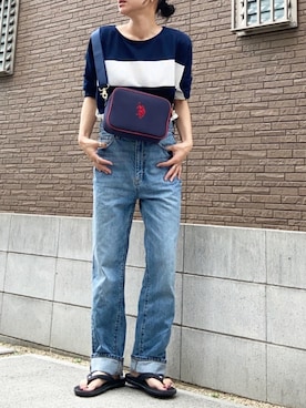 「ハイウエストパンツ」｜「アイテム（ビーチサンダル）」を使った、youkiさん（レディース・161cm）の夏コーディネート