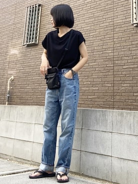 「ハイウエストパンツ」｜「アイテム（ビーチサンダル）」を使った、youkiさん（レディース・161cm）の夏コーディネート