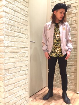 「総柄トップス」｜「アイテム（ブルゾン）」を使った、kyoheiさん（メンズ・163cm）の春コーディネート