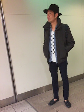 「ハットコーデ」｜「アイテム（ダウンジャケット/コート）」を使った、英麿さん（メンズ・183cm）の冬コーディネート