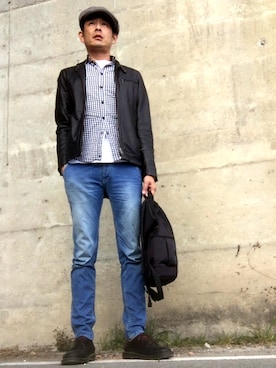 「CABANE de ZUCCa（カバンドズッカ）のアイテム（バッグ）」を使った、英麿さん（メンズ・183cm）の冬コーディネート