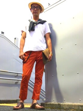 「アイテム（チノパンツ、オレンジ系）」を使った、英麿さん（メンズ・183cm）の夏コーディネート