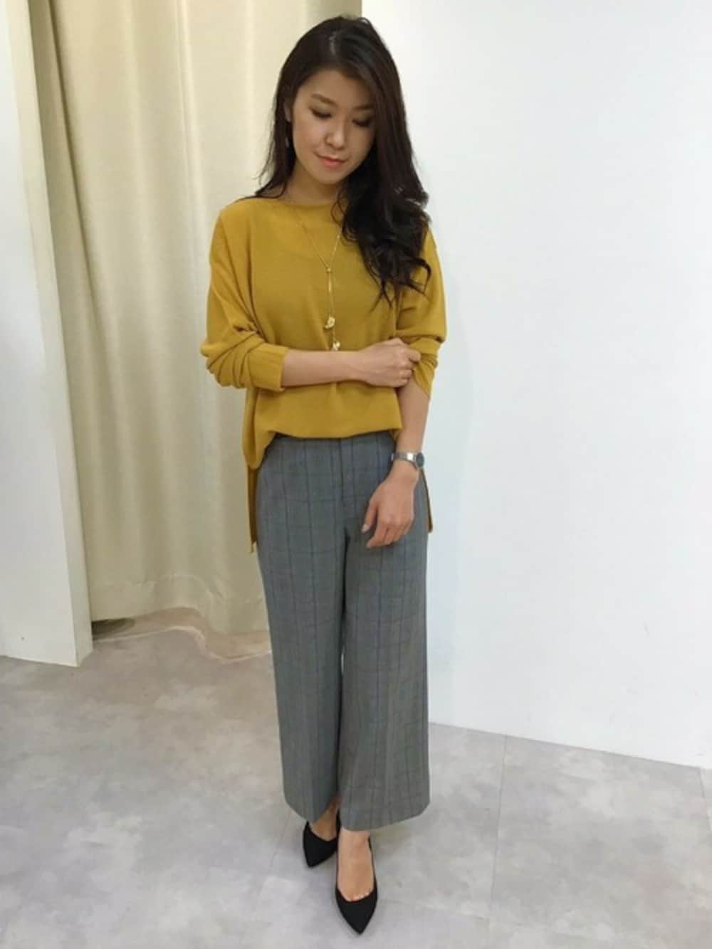 「イエロー、ガウチョパンツ、通勤コーデ、オフィスカジュアル、おしゃれさんと繋がりたい、la.f...、ボートネックニット、ラエフ、SET UPアイテム、ラエフ定番アイテム【極】シリーズ」｜「la.f…のクローチェシンプルボートネックニット（ニット/セーター、イエロー系）」を使った、LAUTREAMONT CO. ONLINE SHOP ZOZOTOWNさん（レディース・157cm）の秋コーディネートの1枚目の写真