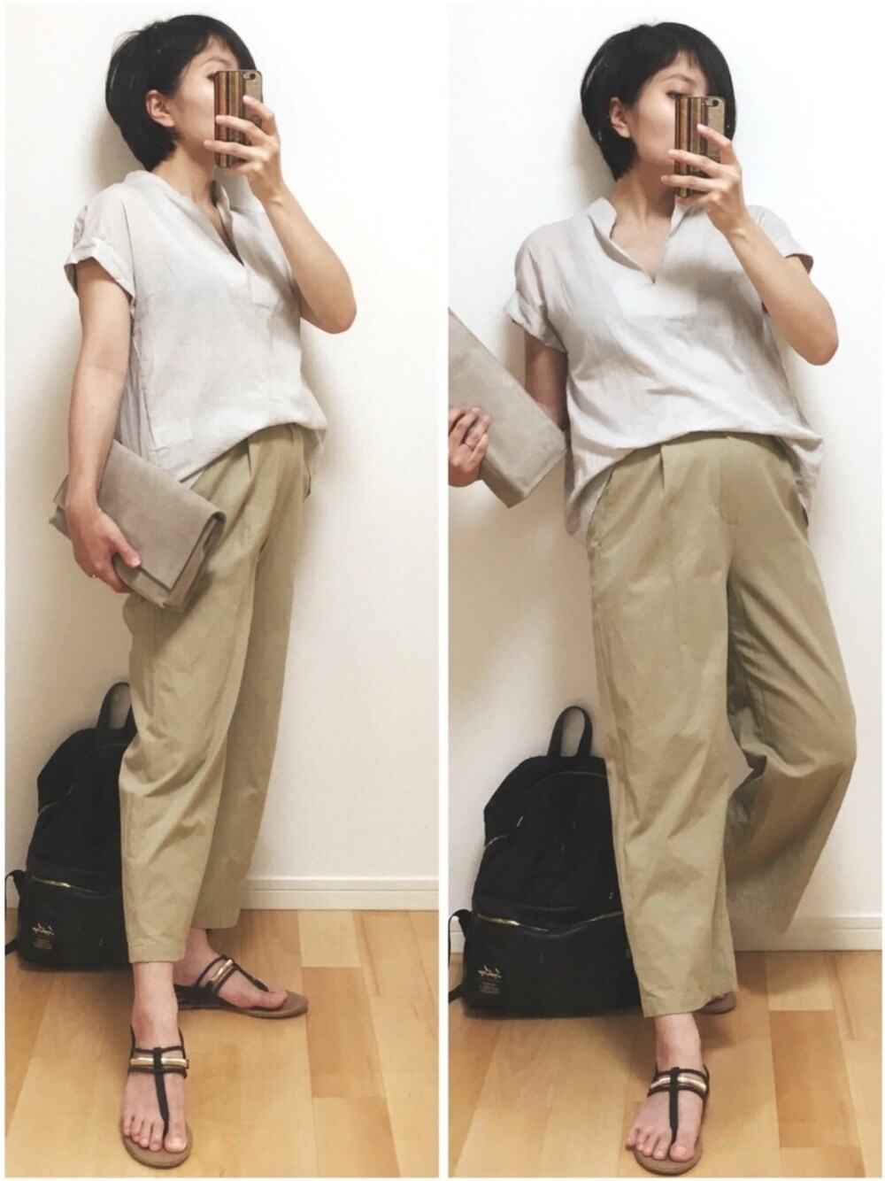 グレー系のシャツ/ブラウス、グレー系のクラッチバッグ、ベージュ系のチノパンツを着用したレディースの秋コーディネートの1枚目の写真