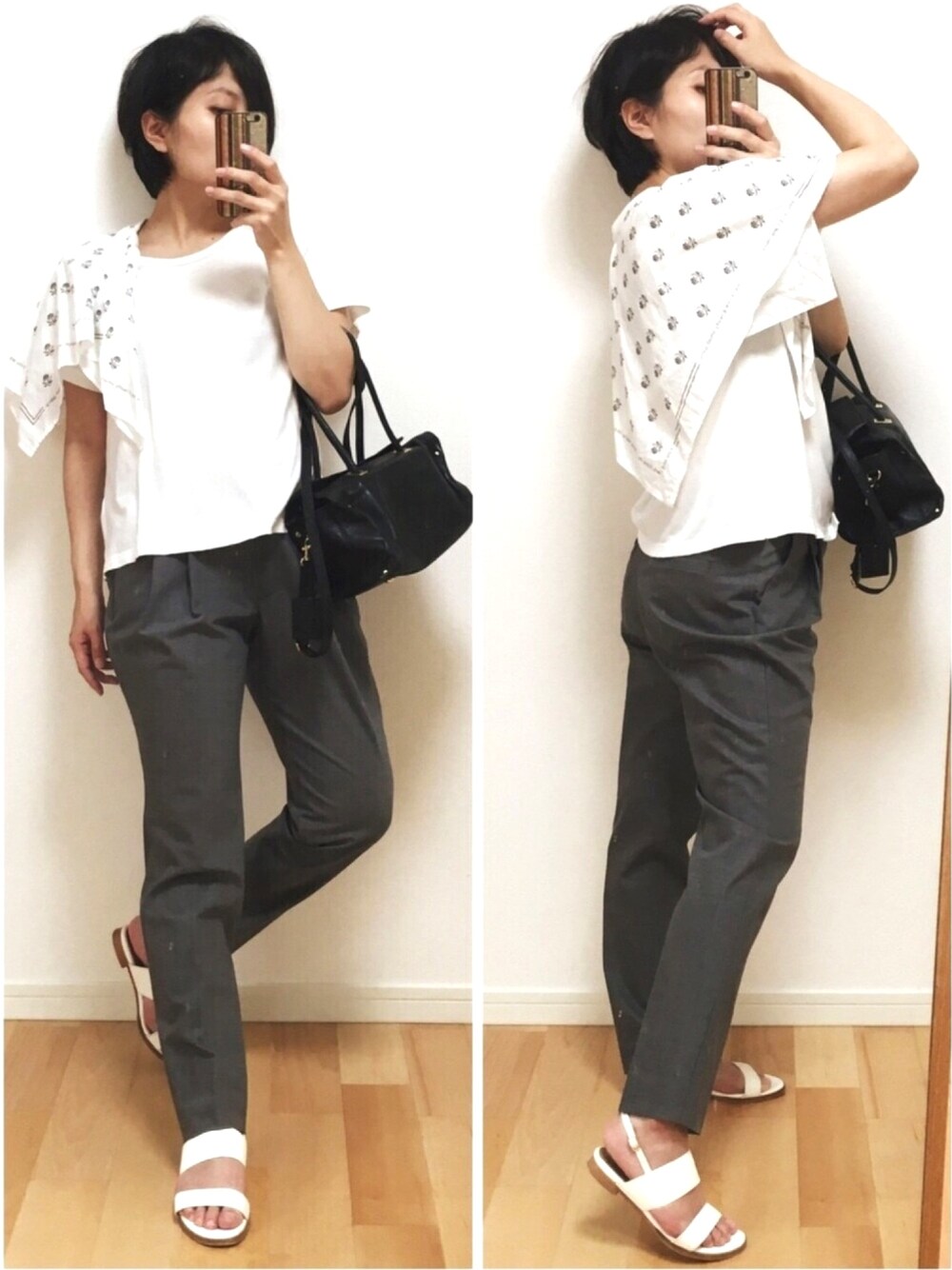 ホワイト系のTシャツ/カットソー、ブラック系のショルダーバッグ、グレー系のその他パンツを着用したレディースの秋コーディネートの1枚目の写真