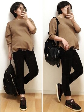 「ワッフルクルーネックＴ」｜「アイテム（PC・スマホグッズ/家電）」を使った、Lullabyさん（レディース・157cm）の秋コーディネート