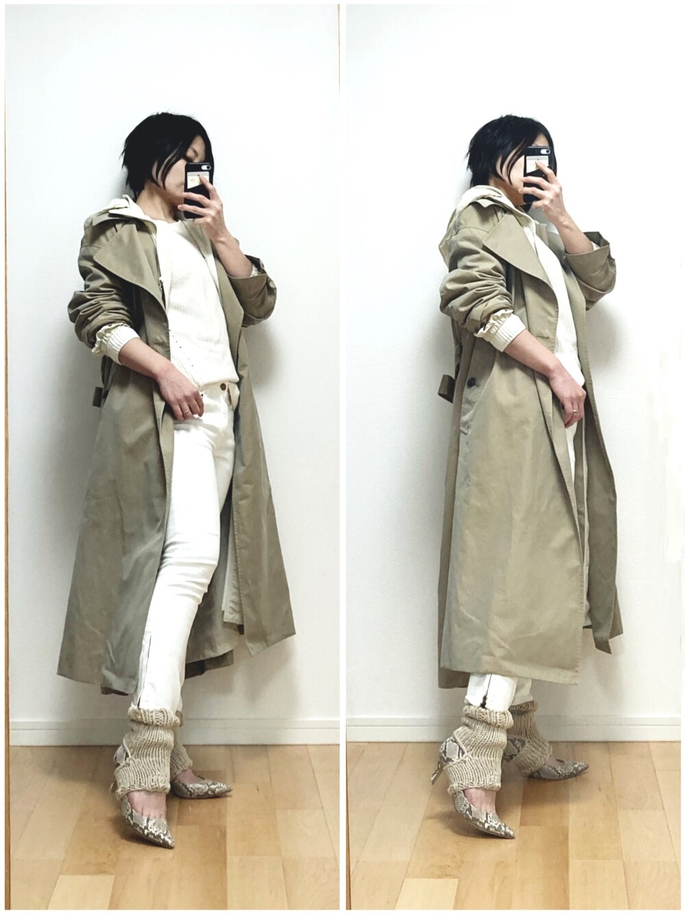 ホワイト系のデニムパンツ、その他のパンプスを着用したレディースの冬コーディネートの1枚目の写真