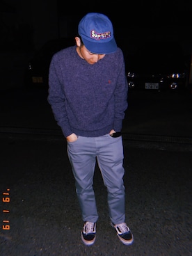 「Mark Gonzales（マーク・ゴンザレス）のアイテム（キャップ、ブルー系）」を使った、ミドリムシさん（メンズ）の冬コーディネート