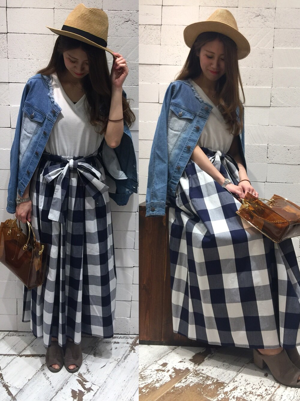 ブルー系のワンピース、ブラウン系のショルダーバッグ、ブルー系のデニムジャケットを着用したレディースの春コーディネートの1枚目の写真