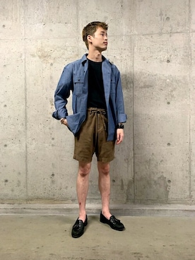 「SHIPS（シップス）のSC: コットン/リネン キャンバス イージー ショートパンツ（その他パンツ、グリーン系）」を使った、丸一さん（メンズ・174cm）の夏コーディネート