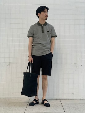 「SHIPS（シップス）のLACOSTE: バーズアイ ミックスカラー ポロシャツ PH0059L（Tシャツ/カットソー、ブラック系）」を使った、丸一さん（メンズ・174cm）の夏コーディネート