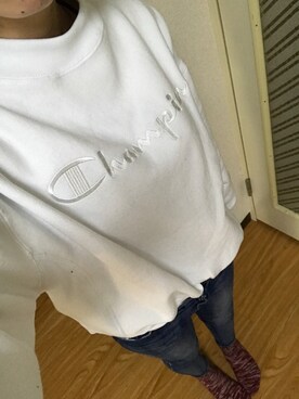 「Champion（チャンピオン）の［別注チャンピオン］CB Champion×GLR Reverse Weave クルーネック スウェット（スウェット、ホワイト系）」を使った、y.0316さん（レディース・163cm）の冬コーディネート