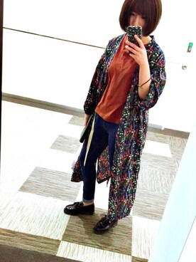「earth music&ecology（アースミュージックアンドエコロジー）の5分袖クルーネックTシャツ （Tシャツ/カットソー、ブラウン系）」を使った、MOEさん（レディース・158cm）の秋コーディネート