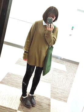 「UNIQLO（ユニクロ）のワッフルヘンリーネックT（長袖）（Tシャツ/カットソー、ブラウン系）」を使った、MOEさん（レディース・158cm）の秋コーディネート
