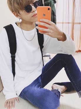 「GU（ジーユー）の（GU）ストレッチプラススキニージーンズＡ（パンツ、ブルー系）」を使った、śhuさん（メンズ・173cm）の春コーディネート