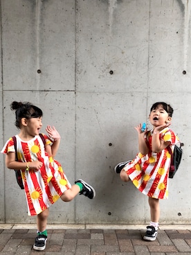 「Mini Rodini（ミニロディーニ）のアイテム（ワンピース/ドレス）」を使った、R___Rさん（キッズ・100cm）の夏コーディネート