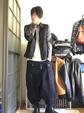 「サルエルデニム」｜「アイテム（ブルゾン）」を使った、Y-sukeさん（メンズ・173cm）の冬コーディネート