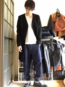 Y-suke使用「hardcover（hardcover/ノーカラーMELTON  WOOLコート）」的時尚穿搭