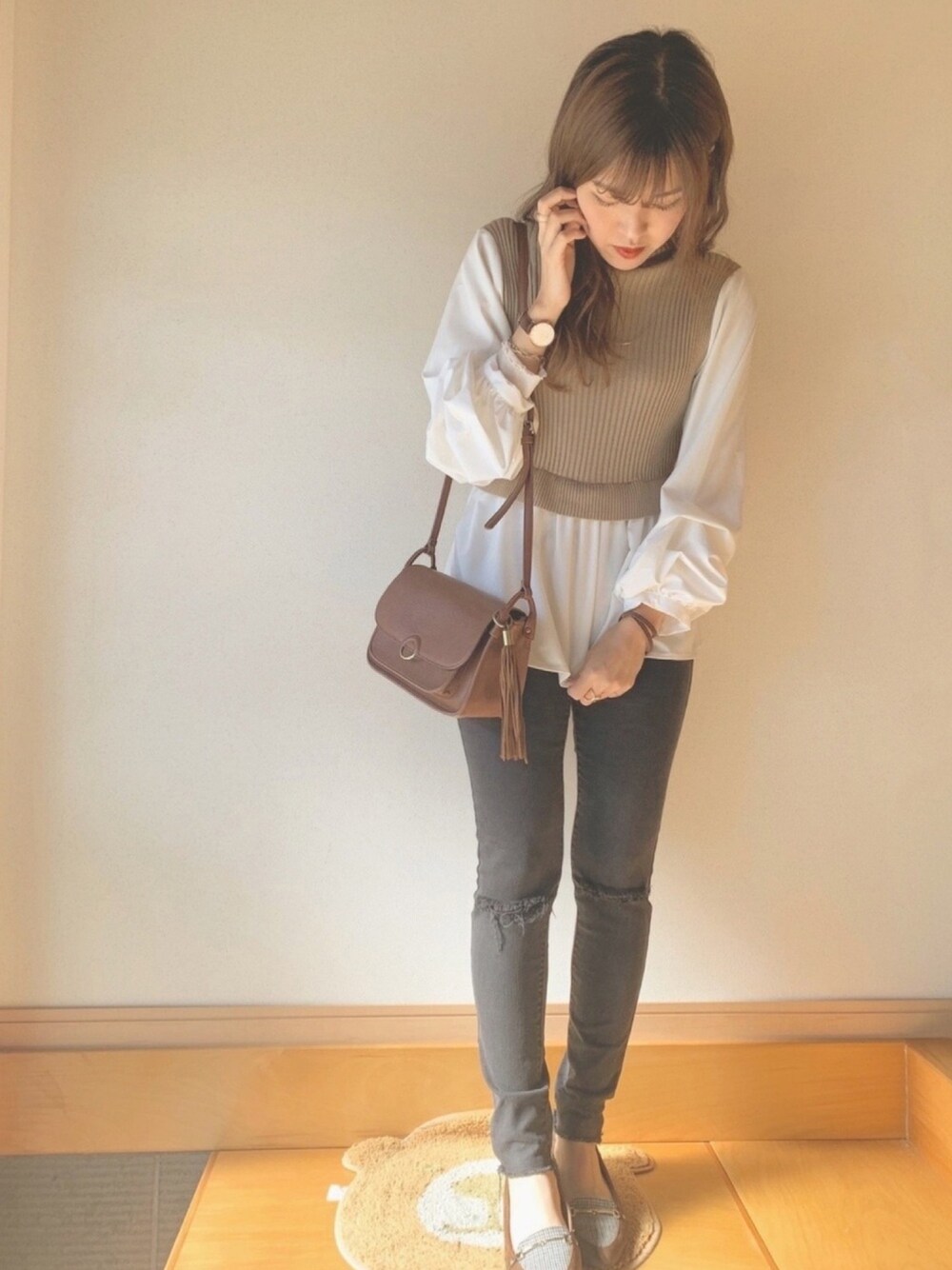 「私の推しブランド、しまむら、休日コーデ、プチプラ、大人ガーリー、きれいめカジュアル、プチプラコーデ、韓国っぽ」｜「niko and...のオリジナルリング被せショルダーバッグ【niko and ...】（ショルダーバッグ、ブラウン系）」を使った、ゆかさん（レディース・164cm）の冬コーディネートの1枚目の写真