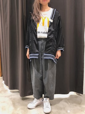 「変形パンツ」｜「アイテム（ジャケット/アウター）」を使った、MARI(E)さん（レディース・158cm）の春コーディネート