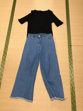 「UNIQLO（ユニクロ）のリブボートネックT（5分袖）（Tシャツ/カットソー）」を使った、くうちやんさん（レディース・159cm）の夏コーディネート