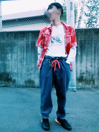 TAKANAO使用「JohnUNDERCOVER（【JohnUNDERCOVER】総柄半袖開襟シャツ WAVE）」的時尚穿搭