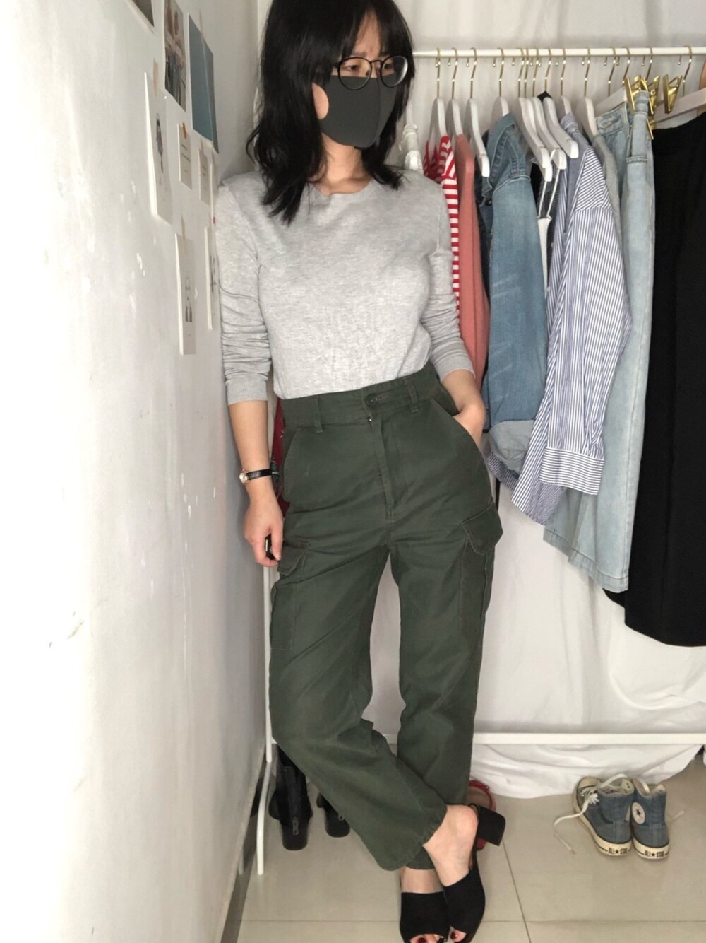 「シンプルコーデ、休日スタイル、パンツスタイル、オトナカジュアル、ootd」｜「GUのアイテム（チノパンツ、グリーン系）」を使った、小个子Wnaさん（レディース・155cm）の春コーディネートの1枚目の写真