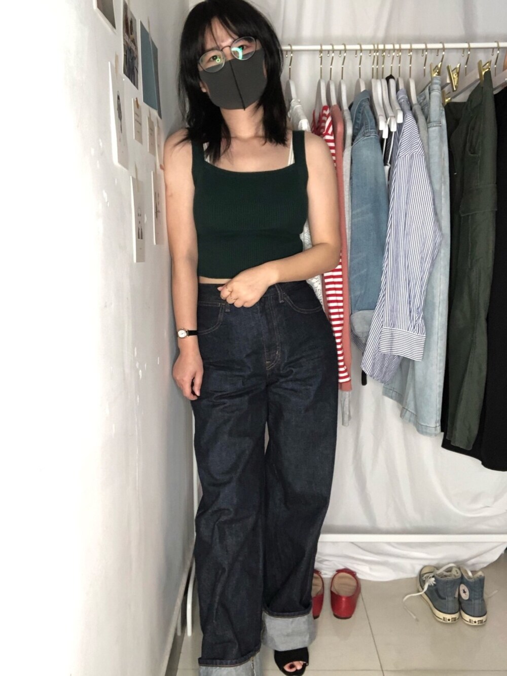 「ootd、夏、日系休闲、复古、丹宁」｜「UNIQLOのアイテム（デニムパンツ、ブラック系）」を使った、小个子Wnaさん（レディース・155cm）の春コーディネートの1枚目の写真