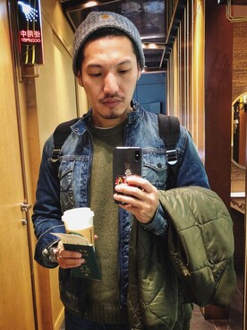 「Carhartt WIP（カーハートダブリューアイピー）のアイテム（ニットキャップ/ビーニー）」を使った、Alexchenさん（メンズ・173cm）の冬コーディネート