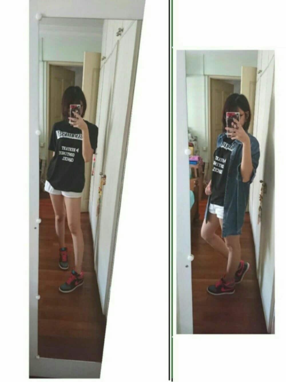 ブルー系のシャツ/ブラウス、ブラック系のTシャツ/カットソー、ブラック系のスニーカーを着用したレディースの冬コーディネートの1枚目の写真