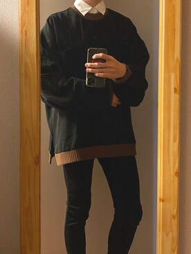 「CASPER JOHN（キャスパージョン）のBallon Sweat/バルーンスウェット（スウェット、ブラック系）」を使った、aiatakeさん（メンズ・170cm）の冬コーディネート
