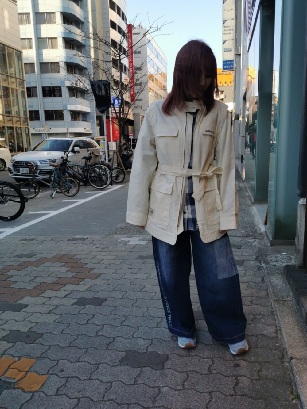 「デニム、チェックシャツ、AVIREX、休日スタイル、ootd、春コーデ、パンツコーデ、淡色コーデ、avirex名古屋、ファッションの力を信じよう」｜「AVIREXのワイドパンツ/ WIDE PANTS TYPE BLUE（デニムパンツ、ブルー系）」を使った、ういさん（レディース・152cm）の春コーディネートの1枚目の写真