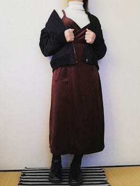 「ラップスカート」｜「アイテム（MA-1）」を使った、うたみるのさん（レディース・151cm）の秋コーディネート