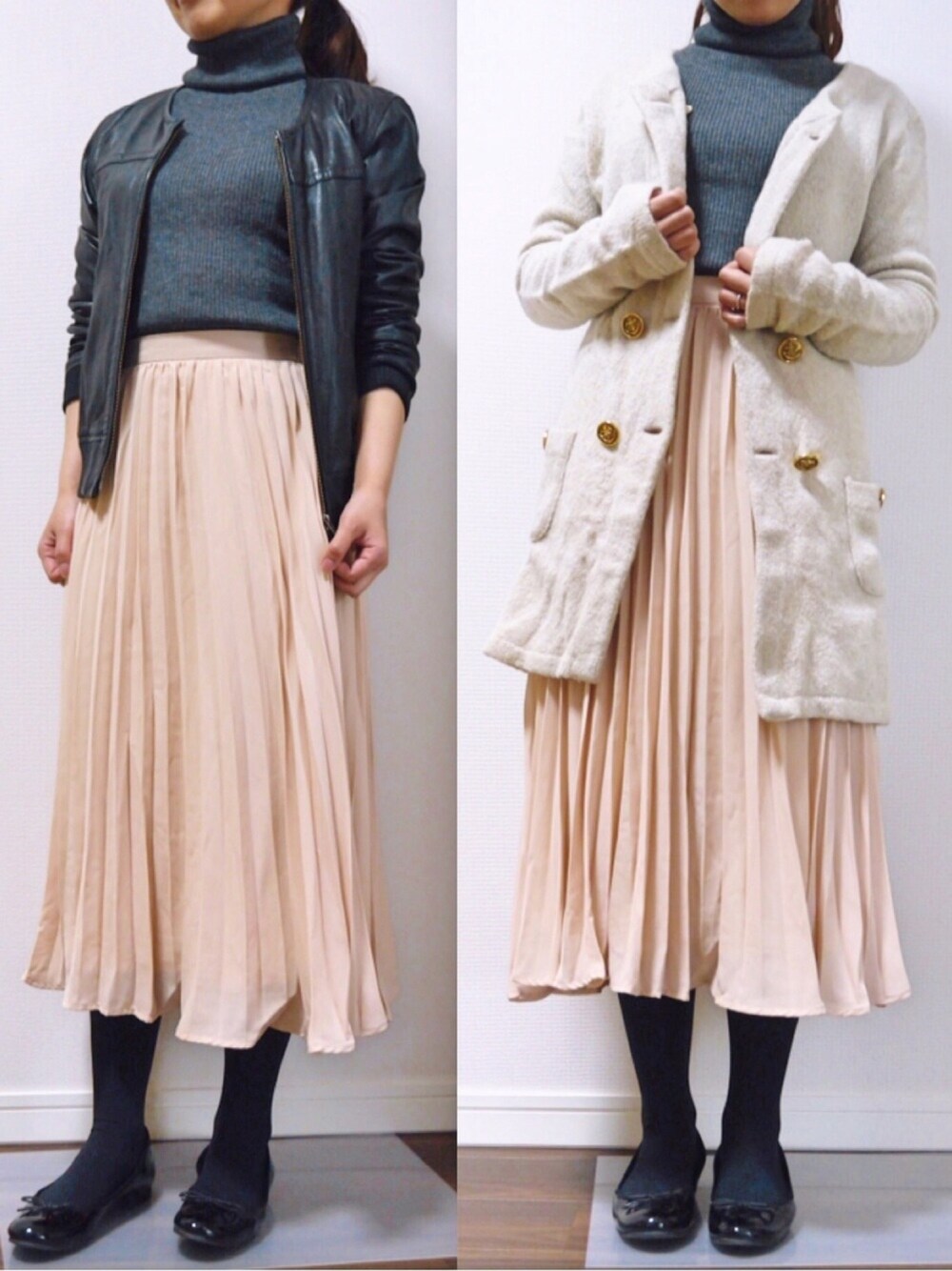 「ootd、outfit、スプリングSENSEOFPLACE、ママコーデ、ママファッション、バレエシューズ、レザージャケット、プリーツスカート、プチプラ、GU」｜「GUのアイテム（スカート、ピンク系）」を使った、yuyueee2さん（レディース・147cm）の冬コーディネートの1枚目の写真