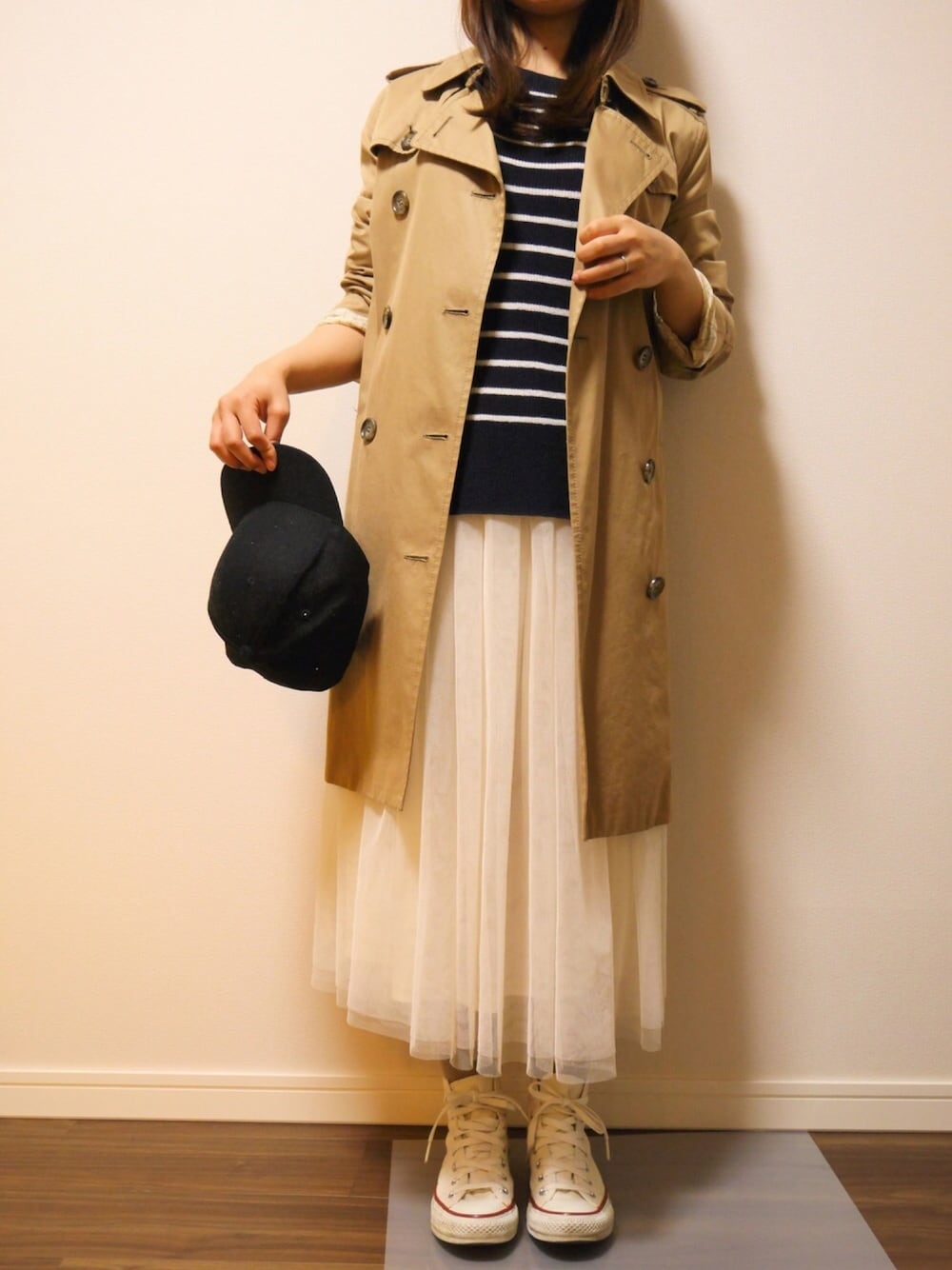 「大人カジュアル、スプリングSENSEOFPLACE、トレンチコート、ootd、outfit、ママコーデ、おちびさん、チュールスカート、プチプラ、ボーダー」｜「GUのアイテム（ニット/セーター、ブルー系）」を使った、yuyueee2さん（レディース・147cm）の春コーディネートの1枚目の写真