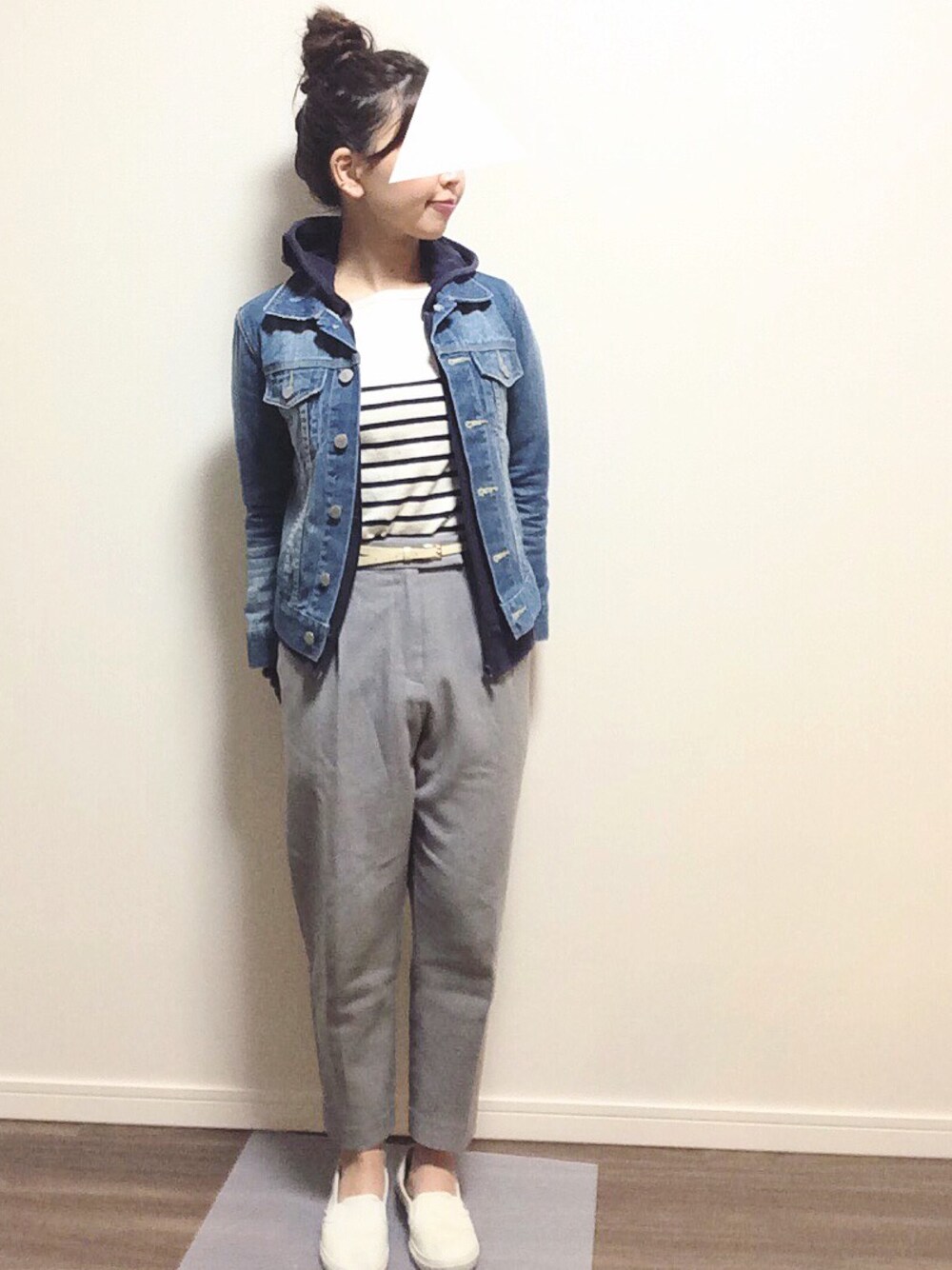 「カジュアル、outfit、休日スタイル、ootd、おちびさん、ママコーデ、Gジャン、パーカー、ボーダー、VANS」｜「LOWRYS FARMのアイテム（デニムジャケット、ブルー系）」を使った、yuyueee2さん（レディース・147cm）の春コーディネートの1枚目の写真