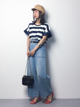 「select MOCA（セレクトモカ）の袖リボンプリーツコットンブレンドボックスシルエット半袖ボーダーカットソー（Tシャツ/カットソー）」を使った、naoさん（レディース・163cm）の夏コーディネート