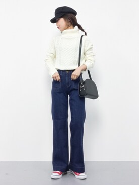 「select MOCA（セレクトモカ）のフロントポケットスリムワイドデニム(ハイウエスト裾フレアワイドデニムパンツ)（デニムパンツ）」を使った、naoさん（レディース・163cm）の秋コーディネート