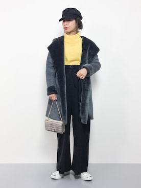 「ハイウエストパンツ」｜「アイテム（ムートンコート）」を使った、naoさん（レディース・163cm）の冬コーディネート