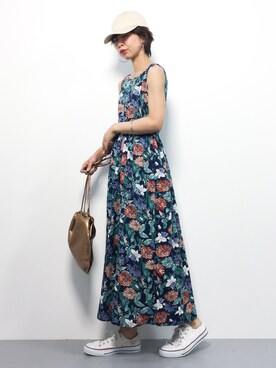 「coca（coca）（コカ）のフラワープリントノースリーブワンピース（ワンピース）」を使った、naoさん（レディース・163cm）の夏コーディネート