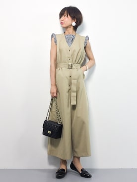 「アイテム（つなぎ/オールインワン、ベージュ系）」を使った、naoさん（レディース・163cm）の夏コーディネート