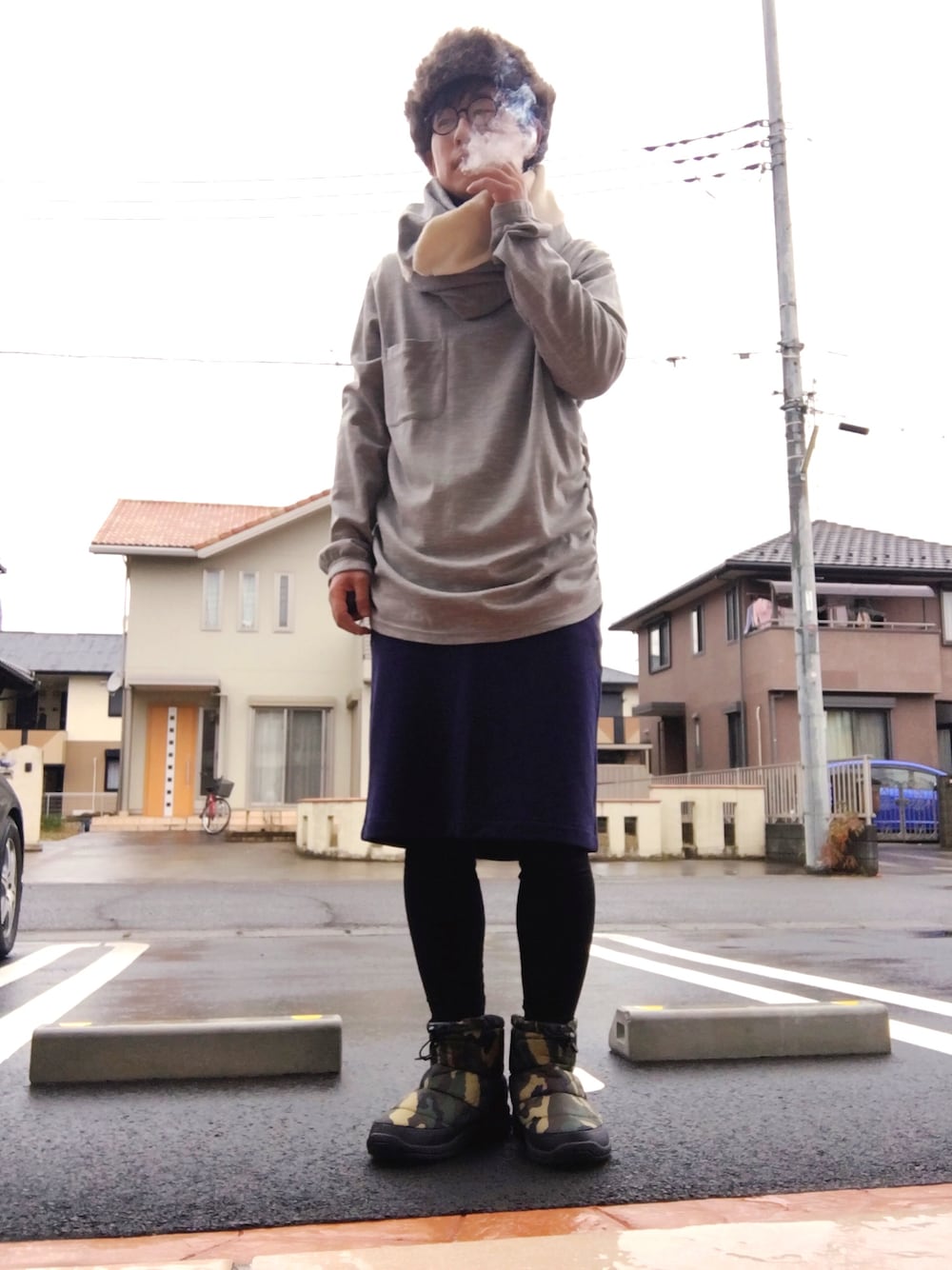 「ネイビー、ゆるコーデ、TROVE、パイロットキャップ、THE NORTH FACE、ヌプシ、UNIQLO、マフラー」｜「THE NORTH FACEのザ・ノース・フェイス　ユニセックスウィンターショートブーティ　/　ヌプシブーティーウォータープルーフ4ショート（ブーティ、その他）」を使った、ゆうすけさん（メンズ・176cm）の冬コーディネートの1枚目の写真