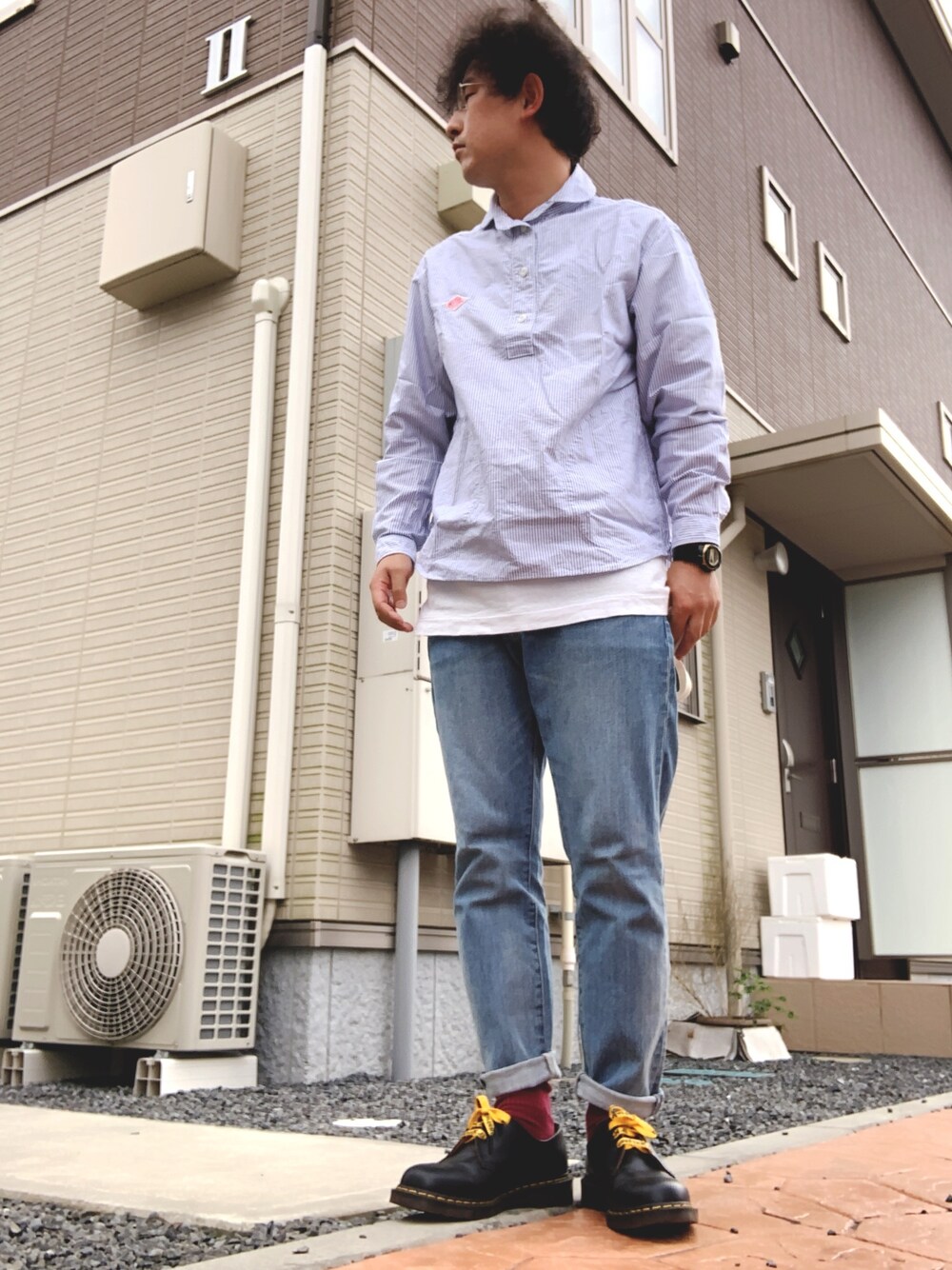「お洒落さんとつながりたい、Danton、Dr.Martens、zozoデニム、COMME des GARCONS HOMME PLUS」｜「Dr. MartensのDr. martens original 1461 boots（ブーツ、ブラック系）」を使った、ゆうすけさん（メンズ・176cm）の秋コーディネートの1枚目の写真