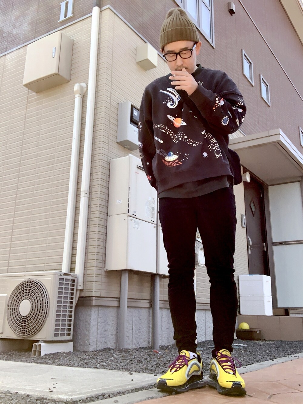 「お洒落さんとつながりたい、休日スタイル、H&M、スキニー、AIR MAX、Champion、TROVE、UNDER COVER」｜「TROVEのTROVE 2018AW / VALO HIGH NECK（Tシャツ/カットソー、グリーン系）」を使った、ゆうすけさん（メンズ・176cm）の春コーディネートの1枚目の写真