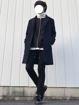「ノーカラージャケット」｜「アイテム（チェスターコート）」を使った、ぎっちゃんさん（メンズ・166cm）の冬コーディネート