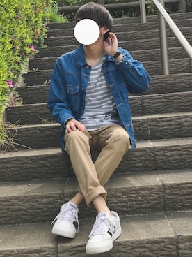 「SEVENDAYS=SUNDAY（セブンデイズサンデイ）のアイテム（デニムジャケット）」を使った、ぎっちゃんさん（メンズ・166cm）の春コーディネート